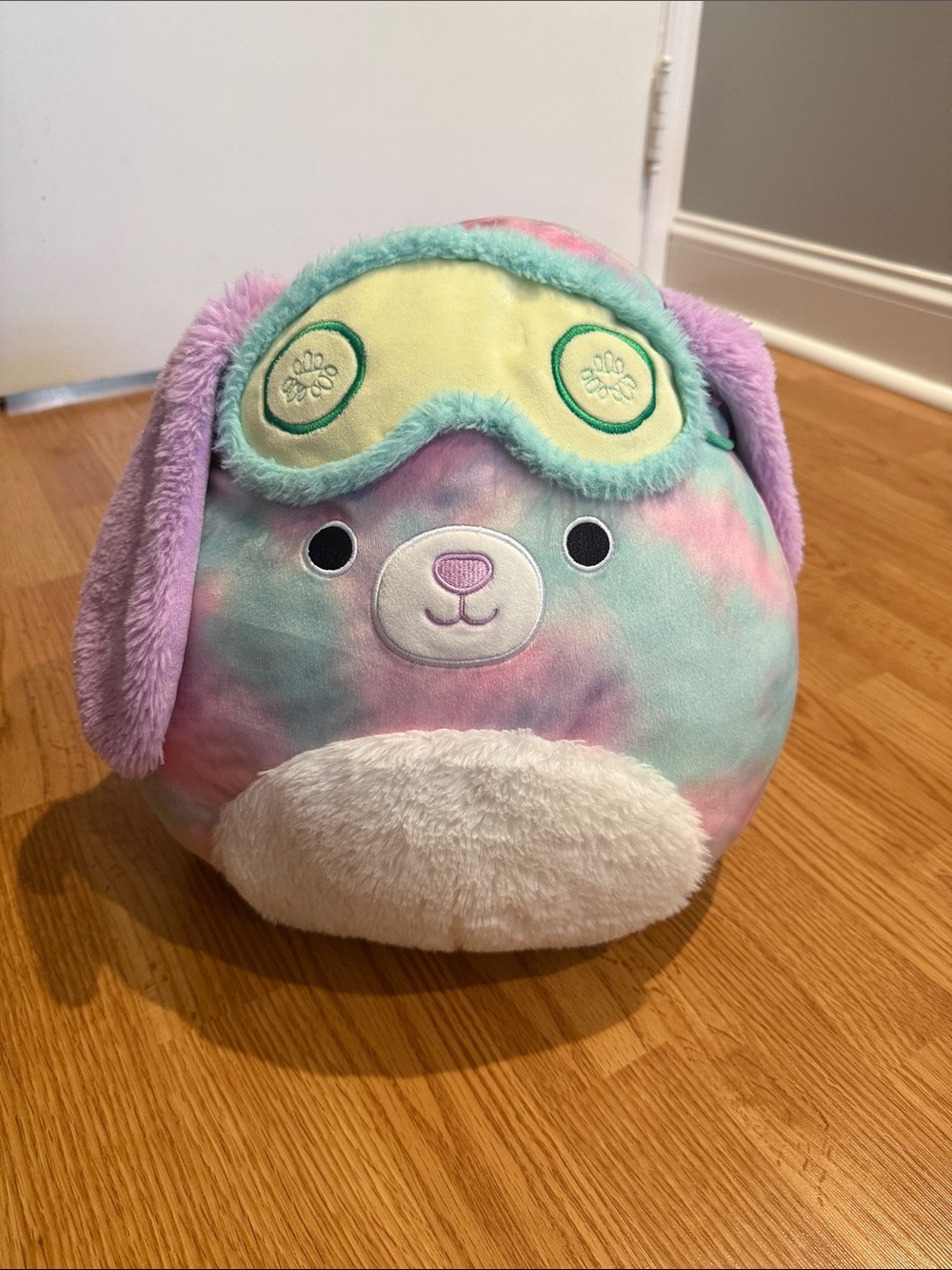 Squishmallows Pastel Tie-Dye Bunny with Purple Ears and Yellow Sleep Mask
